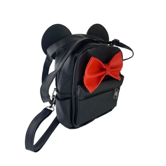 Black Vegan Leather Mini Backpack Ears Bow Adjustable Straps - Picture 7 of 8